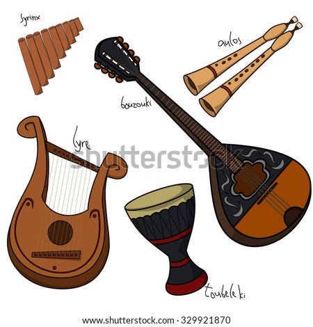 Set Of Hand Drawn Traditional Greek Musical Instruments. Bouzouki ...