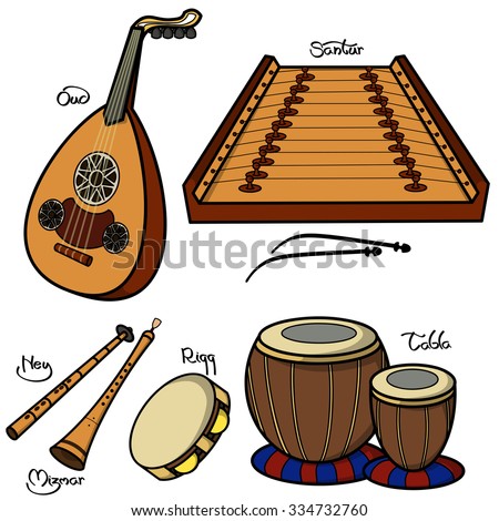 Set Of Hand Drawn Traditional Arabic Musical Instruments. Oud, Santur ...