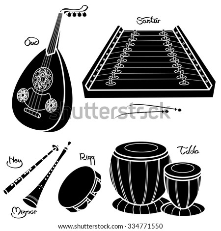 Set Of Hand Drawn Traditional Arabic Musical Instruments. Oud, Santur ...