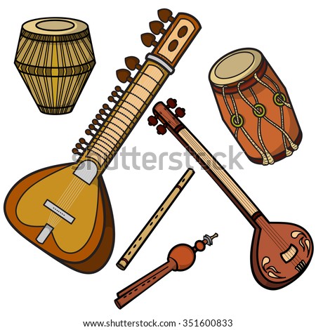 Set Of Hand Drawn Traditional Indian Musical Instruments. Sitar ...