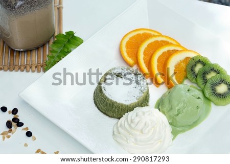 green tea lava cake dessert, green tea lava cake with mix fruit