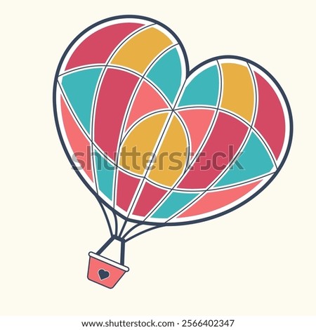 A colorful heart shaped balloon with a blue and yellow frame. The balloon is filled with air and has a red heart on it