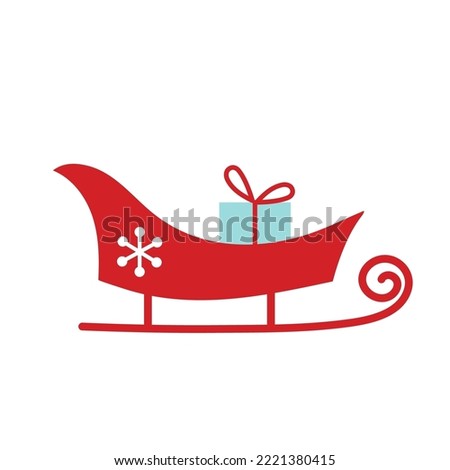 Christmas time card or banner with Santa Sleigh. Christmas snow sledge with gifts present boxes. Flat style design element for winter holiday season new year event. Cute hand drawn vector illustration