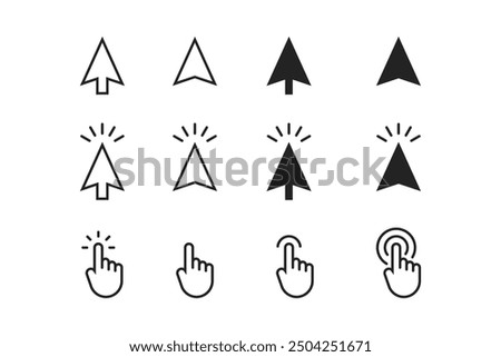 Computer mouse click cursor. Load symbol. Pointer cursor and loading icon. Cursors icons click set. Clicking cursor, pointing hand clicks icons.