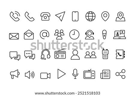 Collection of communication icons or communication tools, smartphone, landline telephone, email, newspaper, television, radio etc.