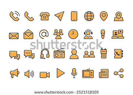 Collection of communication icons or communication tools, smartphone, landline telephone, email, newspaper, television, radio etc.