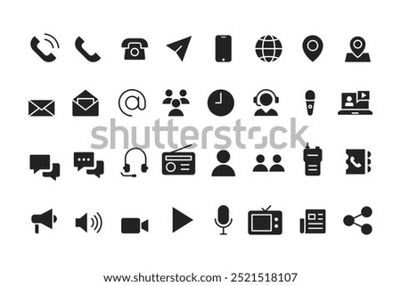 Collection of communication icons or communication tools, smartphone, landline telephone, email, newspaper, television, radio etc.