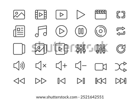 vector icon of media player video, music and photo. play, pause, shuffle, volume buttons