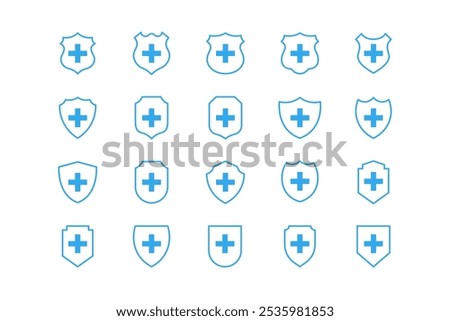 medical health protection shield icon set with cross sign blue outline style