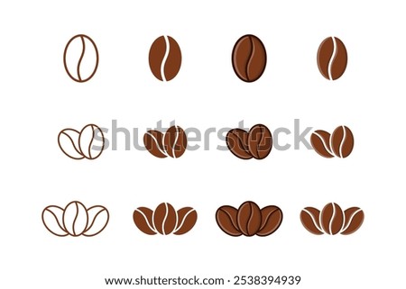 collection of coffee bean icons in outline, flat and outline filled styles