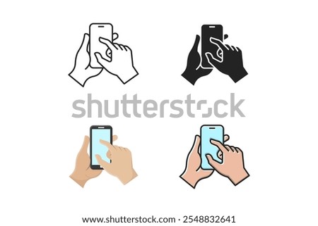 hand icon zoom in and zoom out on smartphone with various styles, outline style, silhouette, cartoon and outline filled