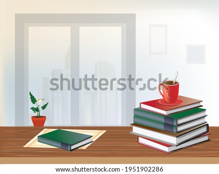 A stack of books and a red cup with coffee from above on a wooden table against the background of a wall with a window over which the city landscape is visible. Vector illustration. 