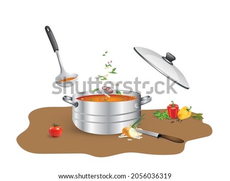 Vegetable soup, broth, stew in a saucepan with a ladle to taste or pour and vegetables to cook nearby. Vector realistic illustration isolated on white background.  Stock foto © 