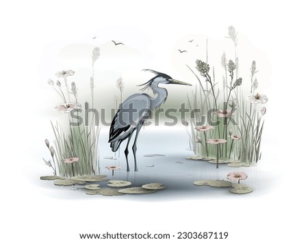 The blue heron stands in the water of the lake, surrounded by large pink flowers, floating lotus leaves and thickets of reed, cane and other marsh plants. Vector illustration in a watercolor style.