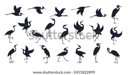 Heron birds silhouette set isolated on white background. Flying, standing, running, walking and dancing herons. Vector drawings collection.