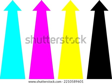 CMYK colored arrows. Printing process colors, Cyan, Magenta, Yellow, Key. Filled arrow, no stroke. Isolated vector illustration, transparent background.	