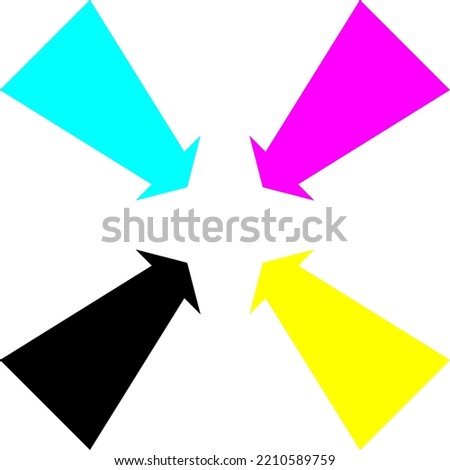 CMYK colored arrows. Printing process colors, Cyan, Magenta, Yellow, Key. Filled arrow, no stroke. Isolated vector illustration, transparent background.	