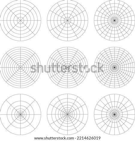 Set of black polar grid, concentric circles, radial dividers. Mandala template. Isolated vector illustration, transparent background. Asset for pattern, overlay, montage or guide.
