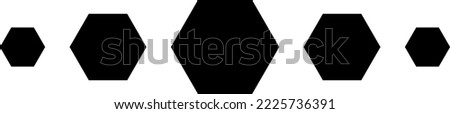 Five filled black hexagon, honeycomb shapes, in a row, different sizes. Isolated vector illustration, transparent background. Asset for overlay, montage, collage or clipping mask. Eps 10.