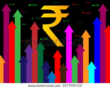 The growth of the Indian rupee, strengthening of the value of the monetary unit, rate in the form of arrows of different heights and colors. For financial companies, banks, currency exchange. Vector