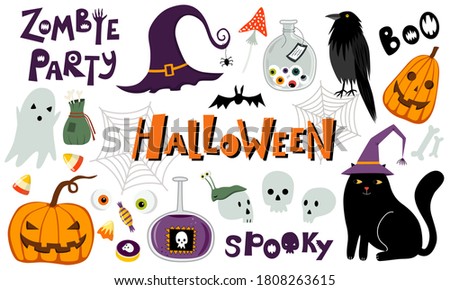 Set of Halloween vector clip art. Black cat, spooky lettering, pumpkins, skulls, potion, black crown, candies. Collection of vector elements isolated on white. Zombie party. Cartoon flat design.