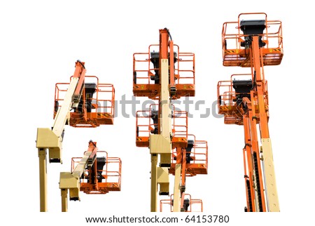 Several boom lifts isolated on white