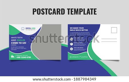 Dental care postcard template design. Medical, hospital, dentist, clinical postcard template. 