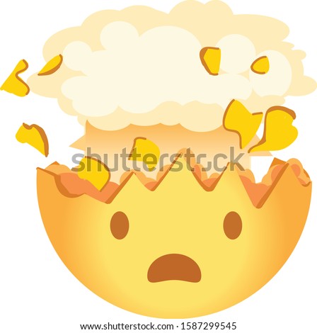 Shocked emoji. Exploding head emoticon. A yellow face with an open mouth and the top of its head exploding in the shape of a brain-like mushroom cloud.