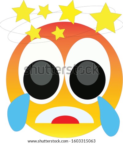 Dizzy yellow emoji seeing stars over head and having tears in eyes. Yellow emoticon face with wide open eyes filled with tears, open mouth, and with stars circling over its head. Confused, dizzy, sad.