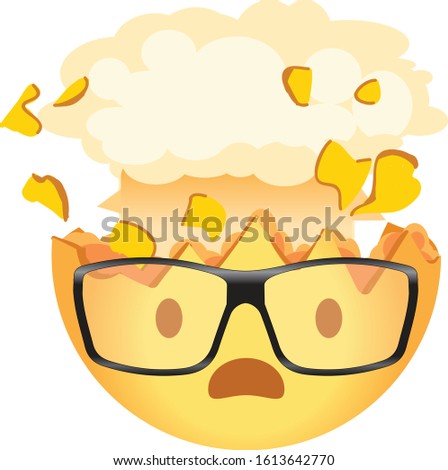 Shocked emoji wearing glasses. Exploding head nerd emoticon. Yellow face with an open mouth, wearing glasses and the top of its head exploding in the shape of a brain-like mushroom cloud.