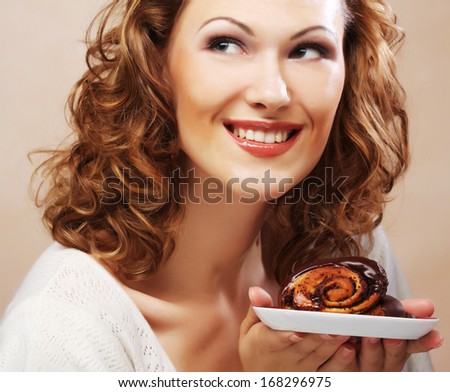 laughing woman with cake
