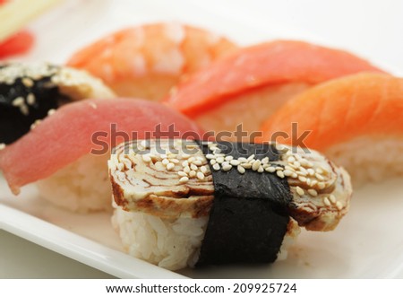 sushi on white plate. good japanese food.