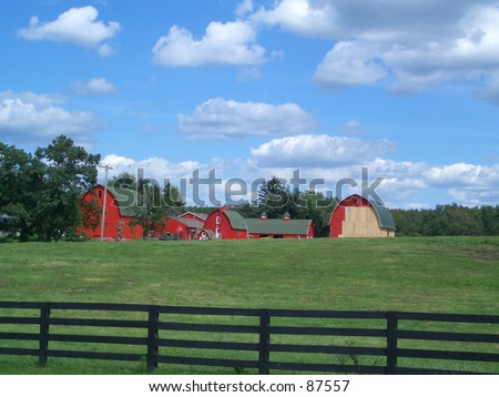 Blue, red, green. Bright blue sky with red barns and a green field.