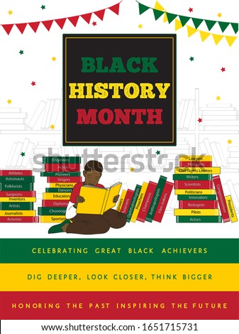 Black History Month motivational poster with young African boy reading books about great achievers in civil rights, science, literature, low, art, sport, medicine, innovations. Vector illustration.