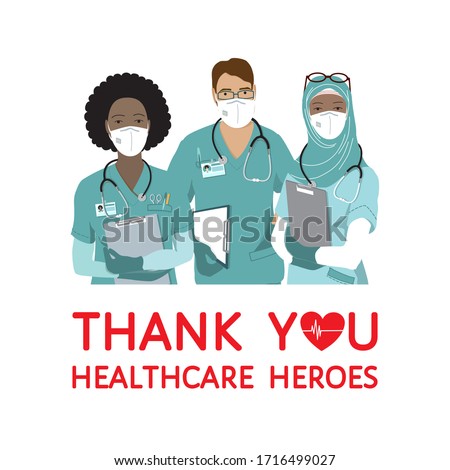 Thank you healthcare heroes grateful vector poster. Diverse nationalities male and female doctors, nurses in uniform, face masks, gloves, stethoscope, clipboard stand together, isolated on white.