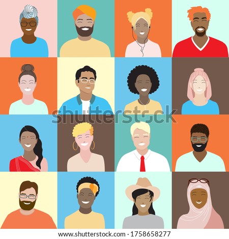 Seamless vector pattern, diverse smiling people square avatars set. Minimal cartoon young female, male portraits. Multicultural diversity group, international team, arabian, asian, african characters.