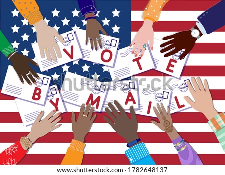 Call to vote by mail at United States Presidential Election 2020. Diverse skin colors hands hold envelopes with ballot applications. Top view USA flag. Postal service or polling workers. Vector banner