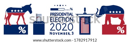 American Presidential election 2020 Infographics. Voting results, democrats vs republicans ratio. Poll loading icon, party mascots, elephant, donkey, ballot box, USA flag, isolated on white. Vector