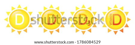 Set of Vitamin D vector icons in shape of gold shining sun. Emblem, sticker, button, symbol collection, isolated on white. Cholecalciferol as an Immune booster, nutrition healthy supplement concept.