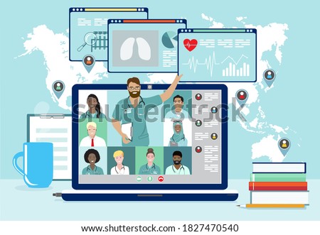 Medical professionals remotely discussion or consulting videoconference at laptop screen vector banner. Online webinar, medicine distance courses. Doctor teaching to academic students in virtual class