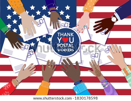 Thank you United States Postal Service workers, vector banner. USA flag, envelopes, diverse hands,  Thank you Appreciation sign to post office heroes during 2020 Presidential election, covid pandemic