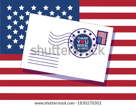 Thank you United States Postal Service workers, vector sticker, label, sign, stamp, mark on envelope at US flag. Appreciation to mail heroes during 2020 USA Presidential election, covid 19 pandemic