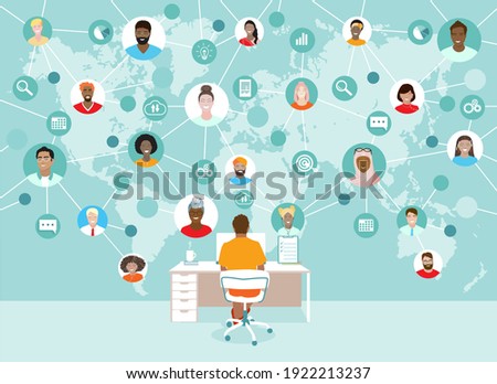 Corporate team working remotely online on project. Manager, diverse employees working together, international network, virtual office at map, freelancers group. Business communication vector banner