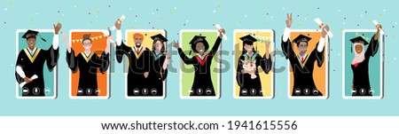 Online graduation ceremony, happy smiling graduate students with diploma, graduate hat stand at phone screens. Diverse young people remote virtual celebration meeting during quarantine vector banner