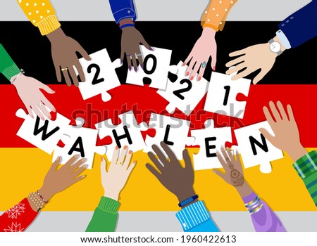 Germany Bundestag 2021 national federal elections on September 26, vector banner. Diverse people holding hands together and puzzle pieces at German flag. Translation from Germany language: ELECTIONS