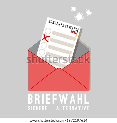 Germany Bundestag 2021 federal elections on September 26, vector banner. Vote safe by mail during pandemy, red envelope with ballot. Translation from German language: postal voting is safe alternative