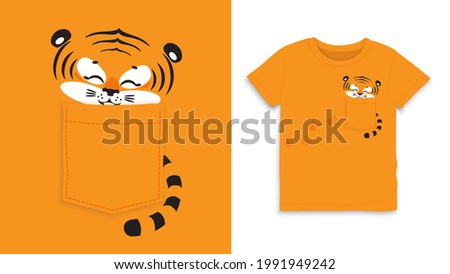 2022 chinese new year zodiac symbol - cute little smiling roarsome Tiger hiding in the pocket, footprints, tail. T shirt and apparel trendy design good for kid`s T- shirt graphics, poster, print