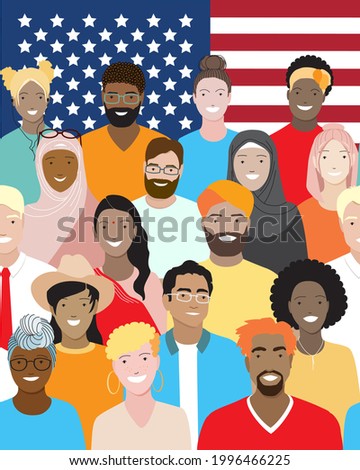 Diverse skin colors, happy young and old people, men and women, stand together at American flag background. African , asian, hispanic people, cultural diversity in USA. Independence day on 4th of July