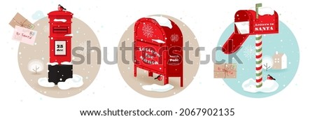Set of different shapes traditional red vintage mailboxes decorated for Christmas holidays at winter snowy background. Symbol of kids wishes and dreams, written in letters for Santa Claus. Vector  