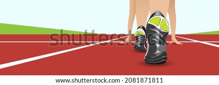 Close up view on athlete runner starting at wite start line on a red stadium road. Sole of trainer shoes. Consept of the beginning, healthy lifestyle, sport or carrier goals. Horizontal vector banner.